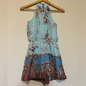 Blue Paisley Floral Halter Romper - Blue Rain